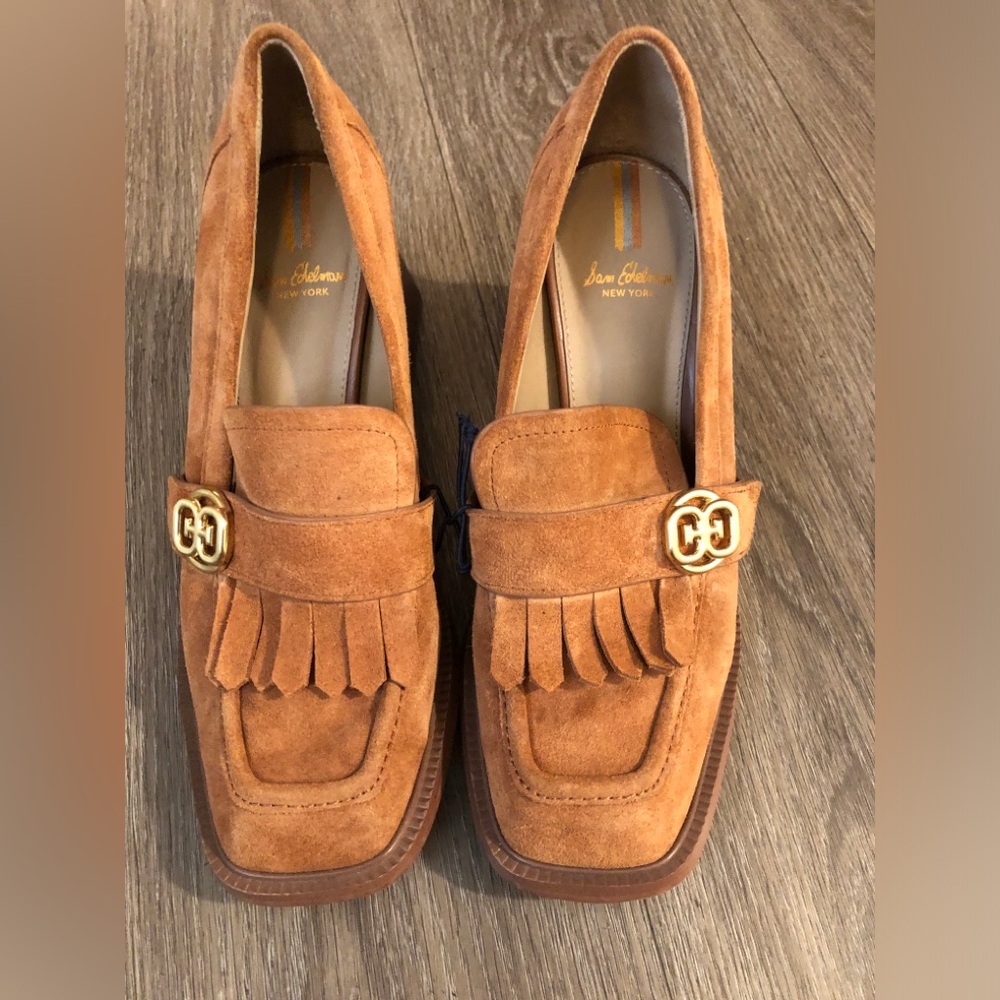 Sam Edelman Suede Fringe Loafers in Cognac with Gold Hardware